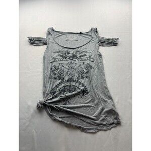 Guess Shirt Top Womens Medium Gray Knit‎ Strappy Cold Shoulder Sleeve Scoop Neck